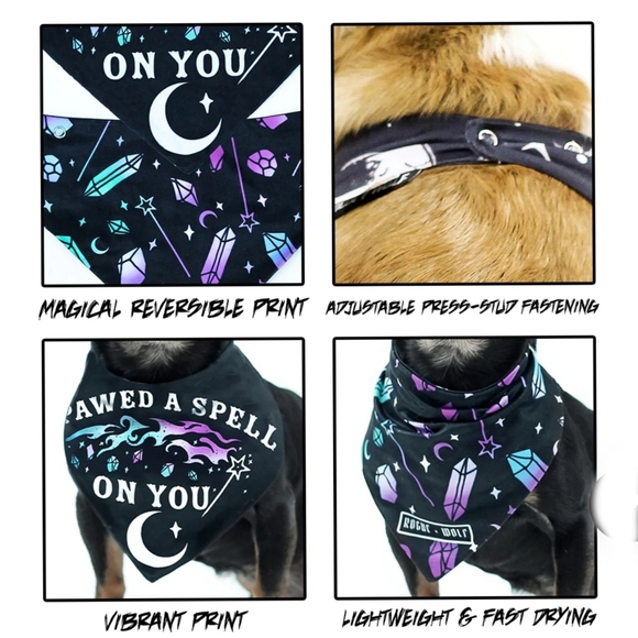 🆕️🆑️ ROGUE +WOLF Pet Bandana I Pawed A Spell On You Black Adjustable Snaps - Picture 3 of 14